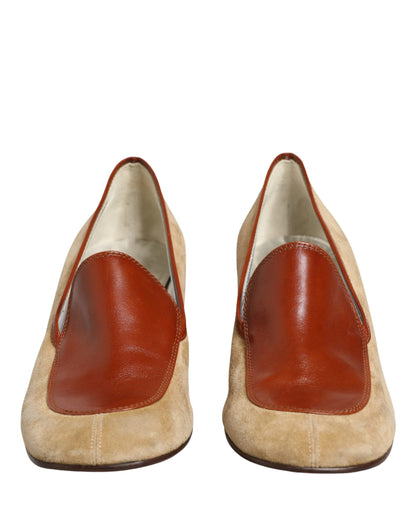 Dolce & Gabbana Beige Leather Suede Block Heel Loafers Shoes