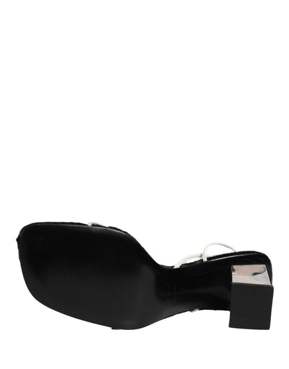 Dolce & Gabbana Silver Black Leather Block Heels Sandals Shoes