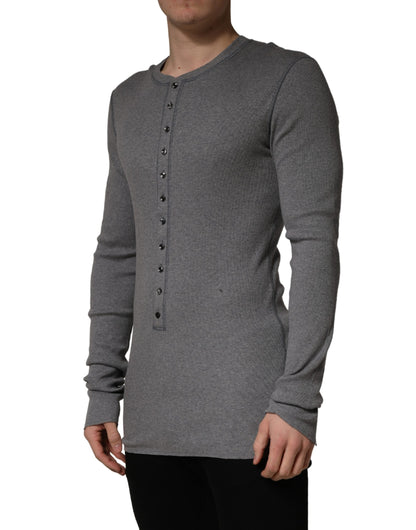 Dolce & Gabbana Gray Ribbed Cotton Long-Sleeve Henley  T-shirt