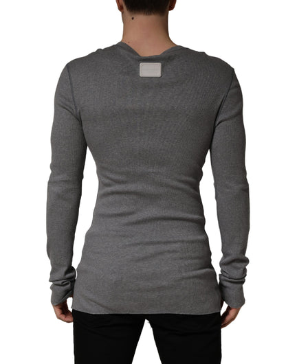 Dolce & Gabbana Gray Ribbed Cotton Long-Sleeve Henley  T-shirt