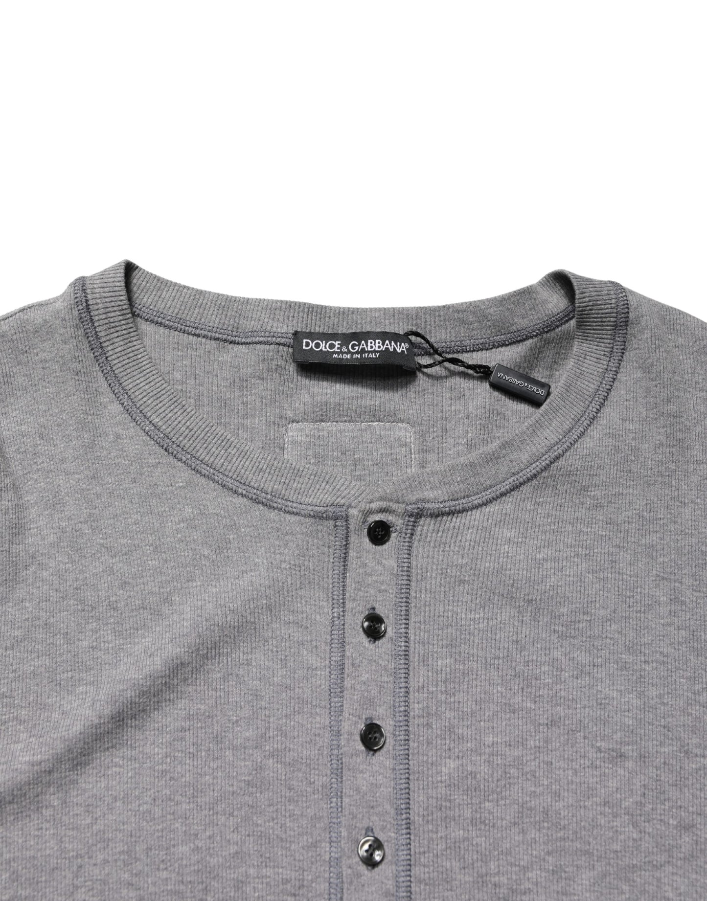 Dolce & Gabbana Gray Ribbed Cotton Long-Sleeve Henley  T-shirt