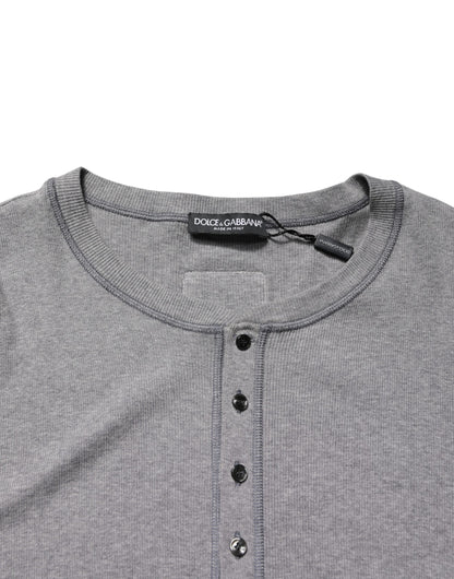 Dolce & Gabbana Gray Ribbed Cotton Long-Sleeve Henley  T-shirt