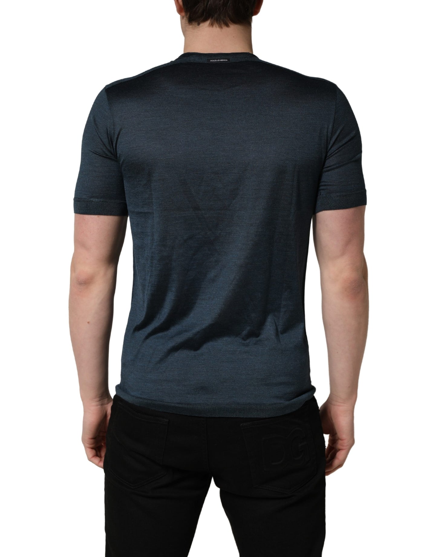 Dolce & Gabbana Dark Blue Silk Crew Neck Short Sleeve T-shirt