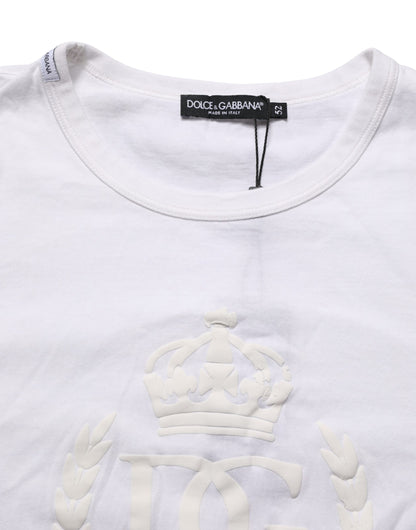 Dolce & Gabbana White Cotton DG Crown Embossed Men T-shirt