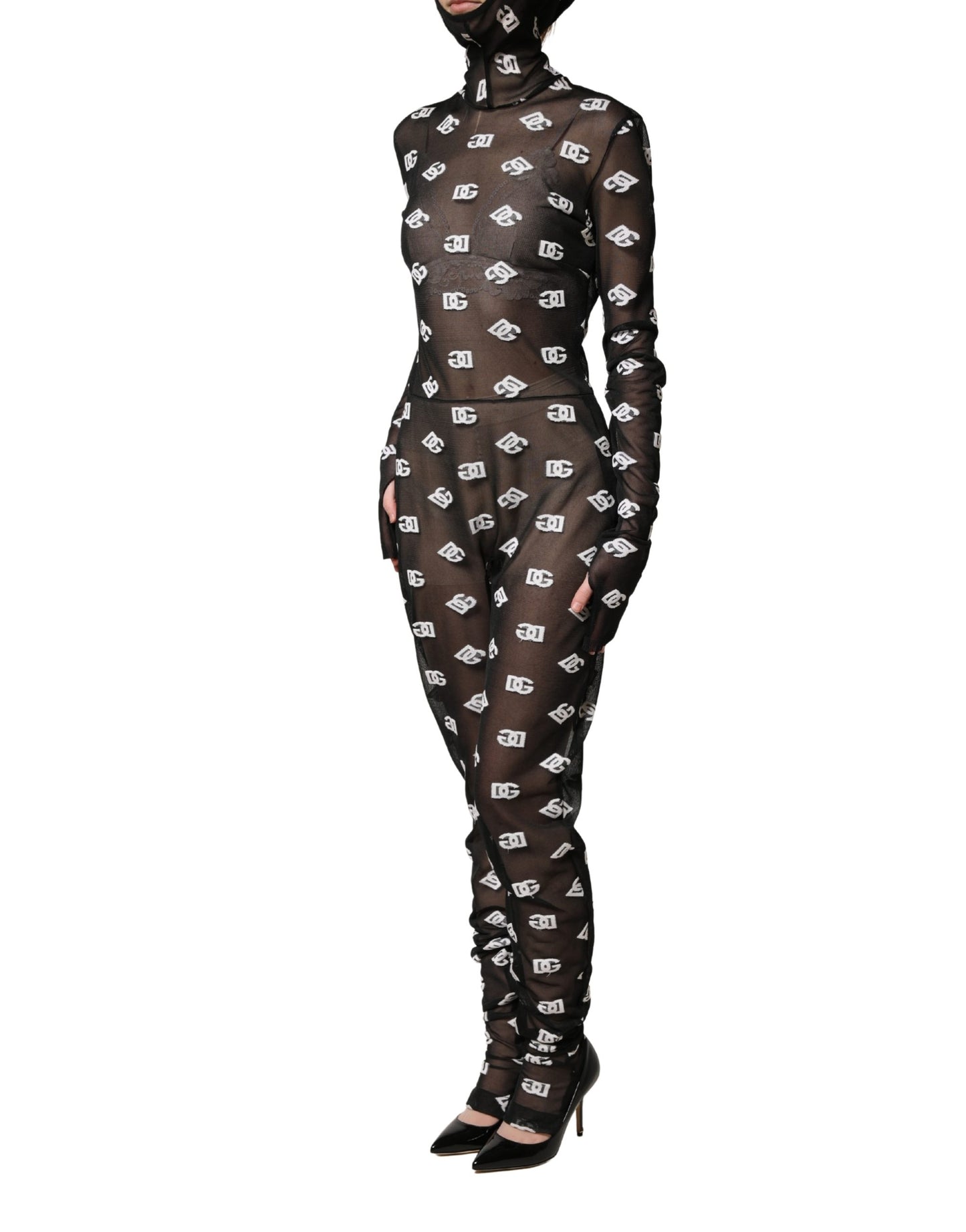 Dolce & Gabbana Black White Logo Print Hooded Jumpsuit Dress