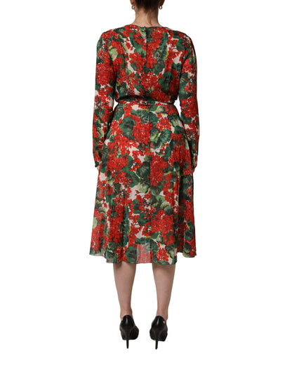 Dolce & Gabbana Multicolor Floral Long Sleeves V-neck Dress