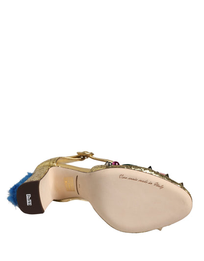 Dolce & Gabbana Gold Fur Trim Glitter T-strap Sandals Shoes