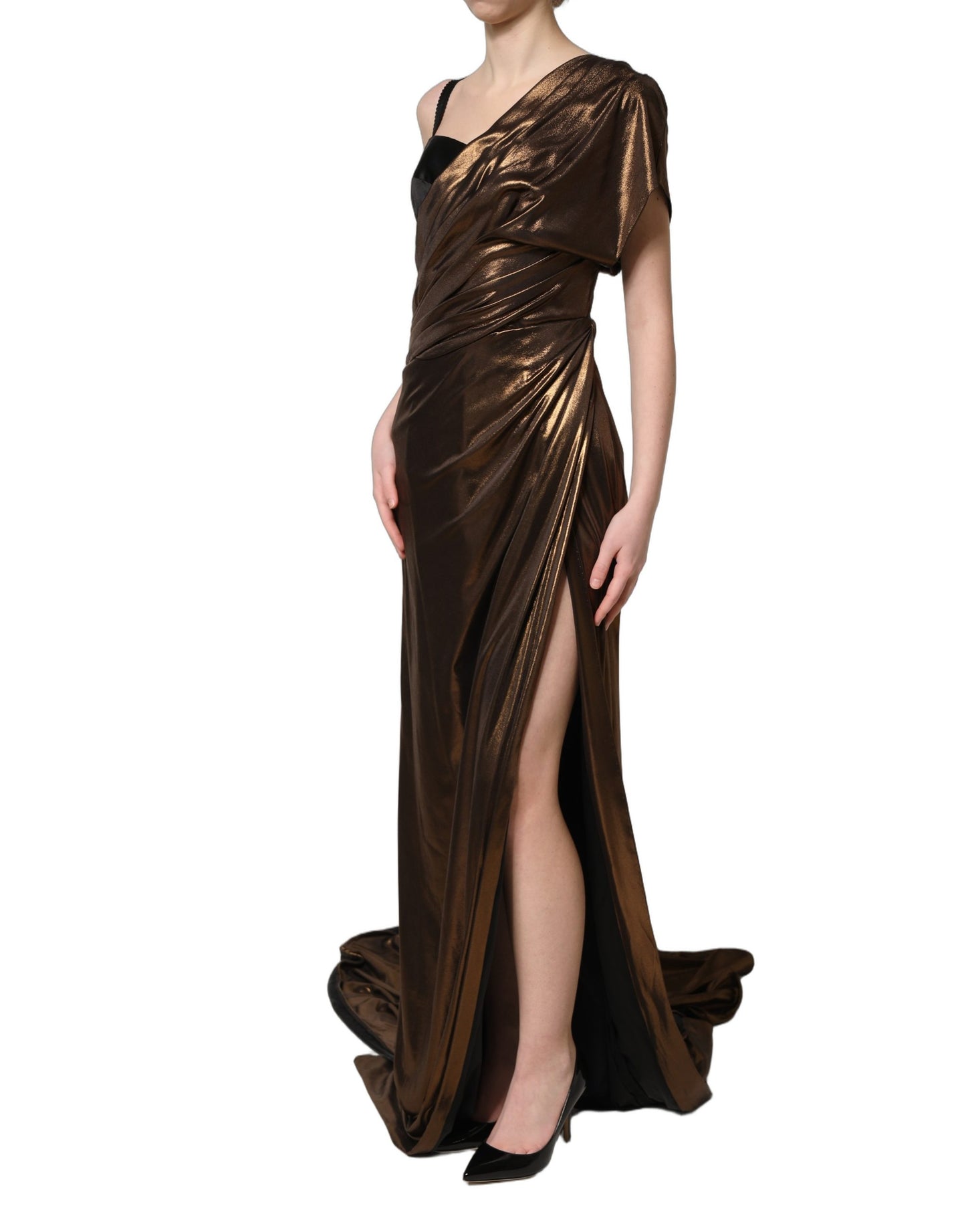 Dolce & Gabbana Bronze Asymmetrical Draping OneShoulder Dress