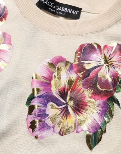 Dolce & Gabbana Beige Floral Print Silk CrewNeck Pullover Top