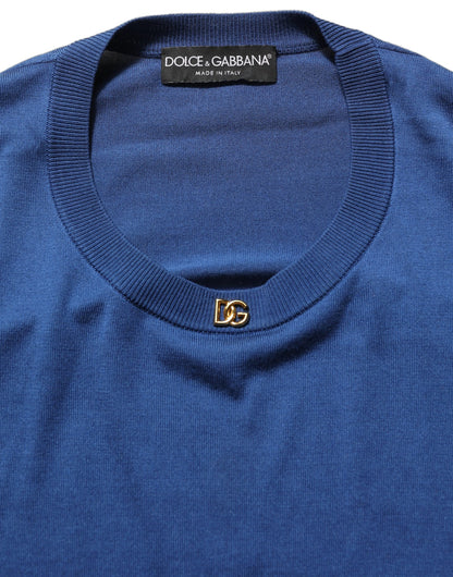 Dolce & Gabbana Blue Silk DG Logo Crew Neck Pullover Sweater