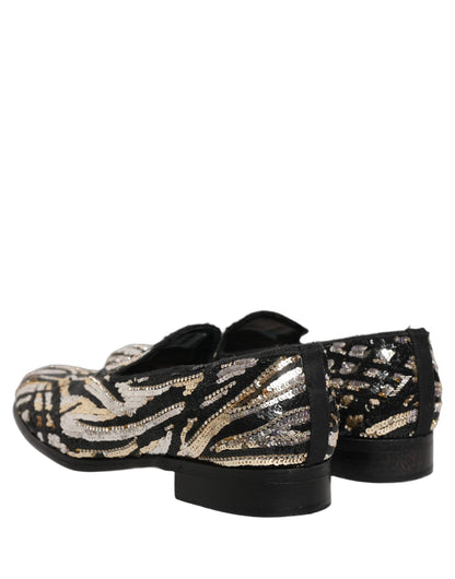Dolce & Gabbana Gold Striped Sequin Embellished Loafer Shoes