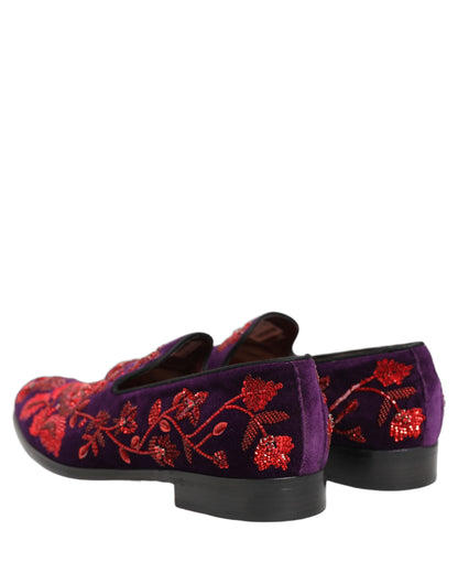 Dolce & Gabbana Violet Red Bead Embellished Loafers Shoes