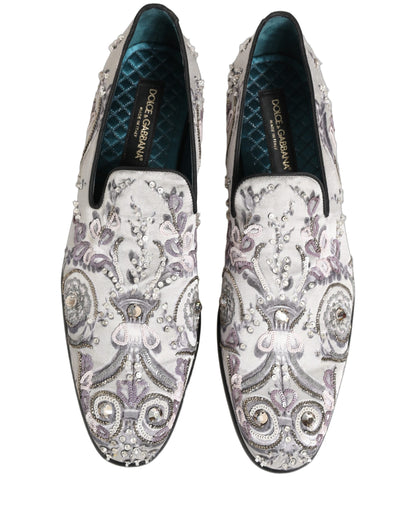 Dolce & Gabbana White Sequined Formal Slip On Loafers Shoes