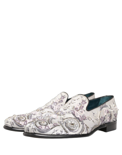 Dolce & Gabbana White Sequined Formal Slip On Loafers Shoes