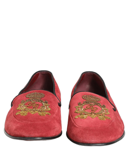 Dolce & Gabbana Red Velvet Logo Embroidery Men Loafers Shoes