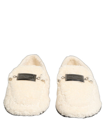 Dolce & Gabbana White Fur Shearling Men Dress Loafers Shoes