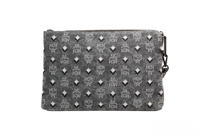 MCM Veritas Medium Dark Grey Denim Monogram Logo Canvas Clutch Pouch Handbag