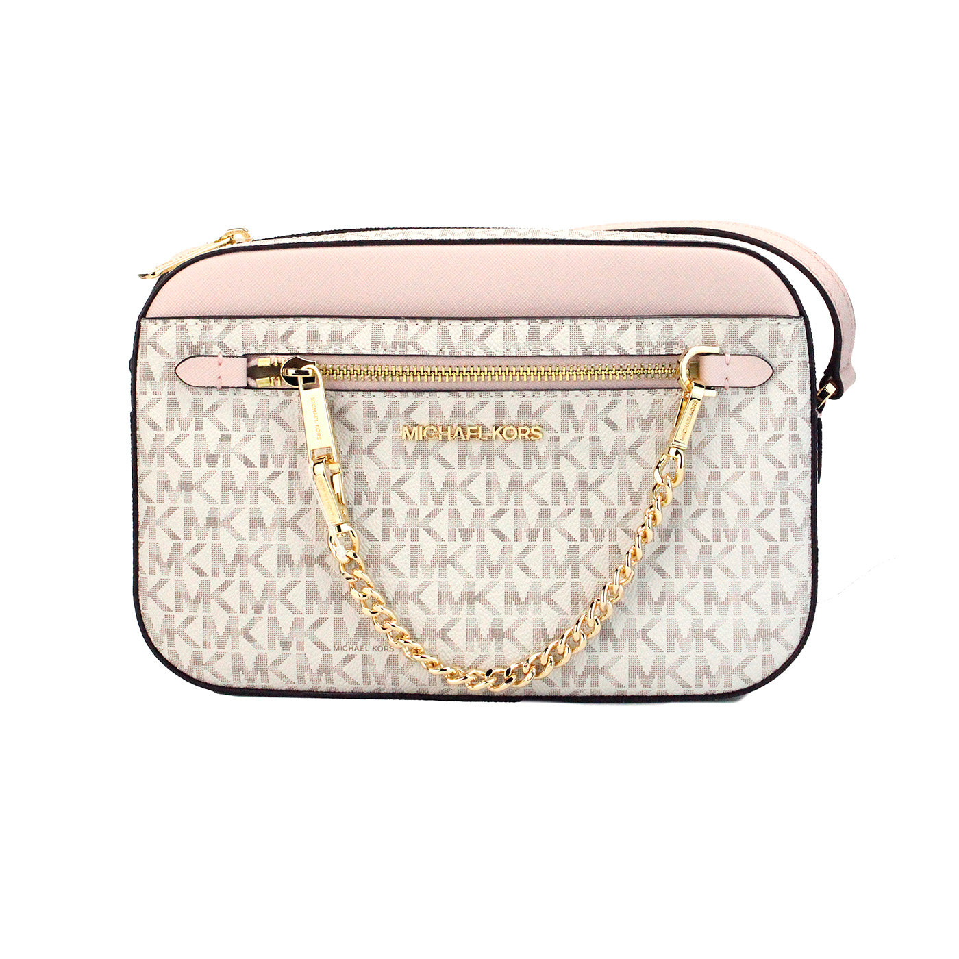 Michael Kors Adult Saffiano Leather Chain Zip Crossbody Handbag, Vanilla/Powder Blush