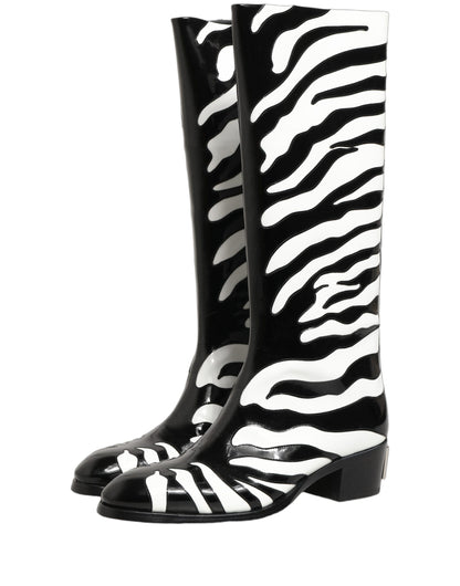 Dolce & Gabbana Black White Zebra Knee High Men Boots Shoes