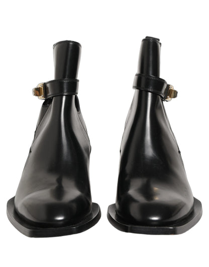 Dolce & Gabbana Black Leather DG Plaque Ankle Boots Shoes