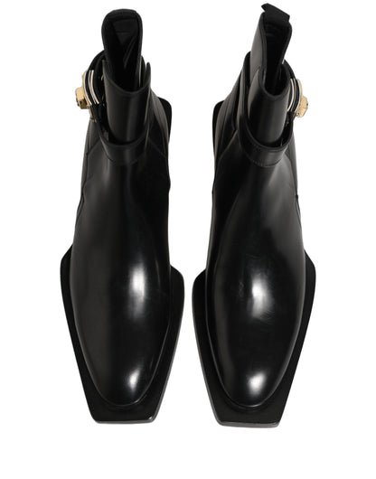 Dolce & Gabbana Black Leather DG Plaque Ankle Boots Shoes