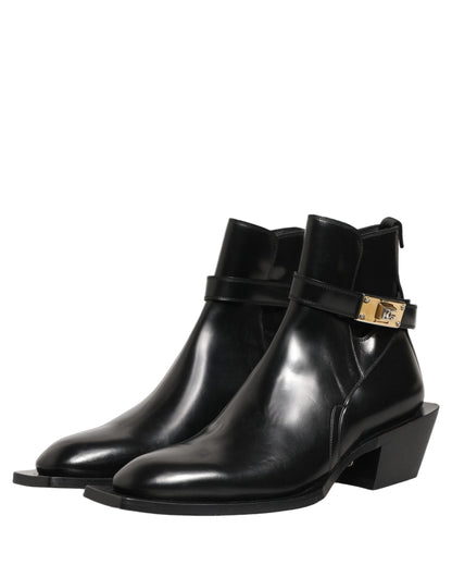 Dolce & Gabbana Black Leather DG Plaque Ankle Boots Shoes