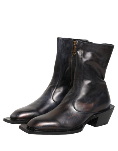 Dolce & Gabbana Black Leather Shiny Tex Mid Calf Boots Shoes