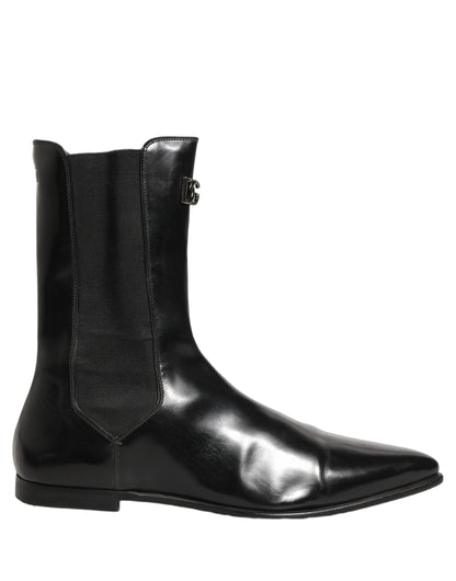 Dolce & Gabbana Black Leather Chelsea Mid Calf Boots Shoes
