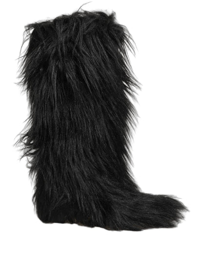 Dolce & Gabbana Black Faux Fur Mid Calf Winter Boots Shoes