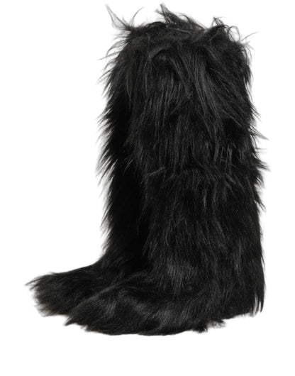 Dolce & Gabbana Black Faux Fur Mid Calf Winter Boots Shoes