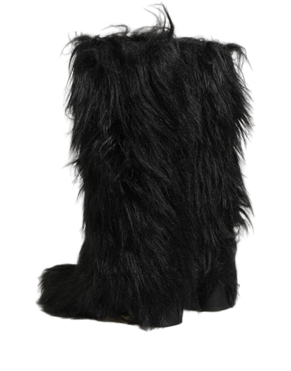 Dolce & Gabbana Black Faux Fur Mid Calf Winter Boots Shoes