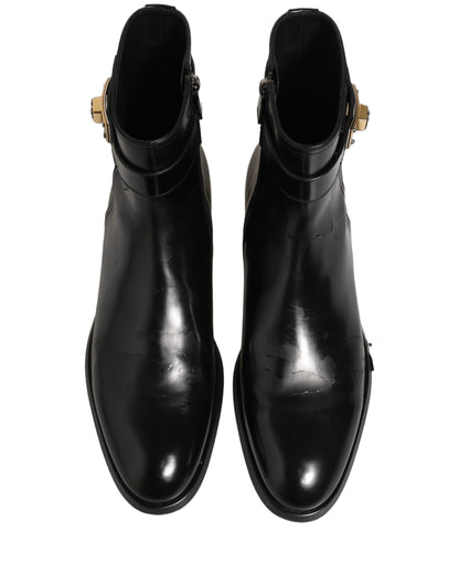 Dolce & Gabbana Black Leather Logo Buckle Mid Calf Boots Shoes