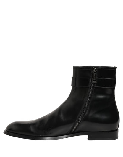 Dolce & Gabbana Black Leather Logo Buckle Mid Calf Boots Shoes