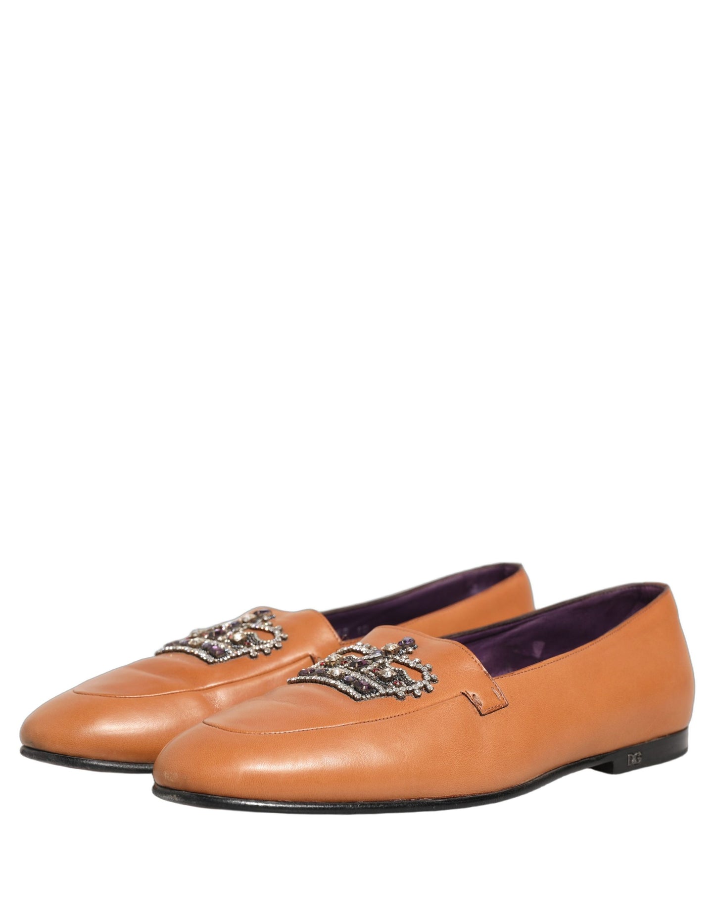 Dolce & Gabbana Brown Leather Crown Embellished Loafers Shoes
