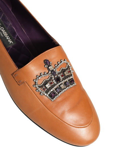 Dolce & Gabbana Brown Leather Crown Embellished Loafers Shoes