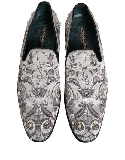 Dolce & Gabbana White Sequined Formal Slip On Loafers Shoes