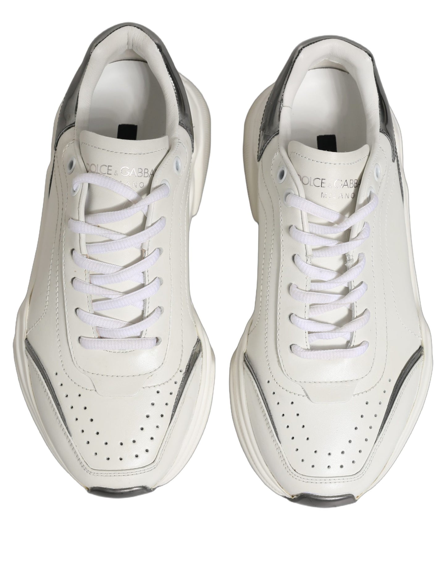 Dolce & Gabbana White Silver Daymaster Leather Low Top Sneakers Shoes