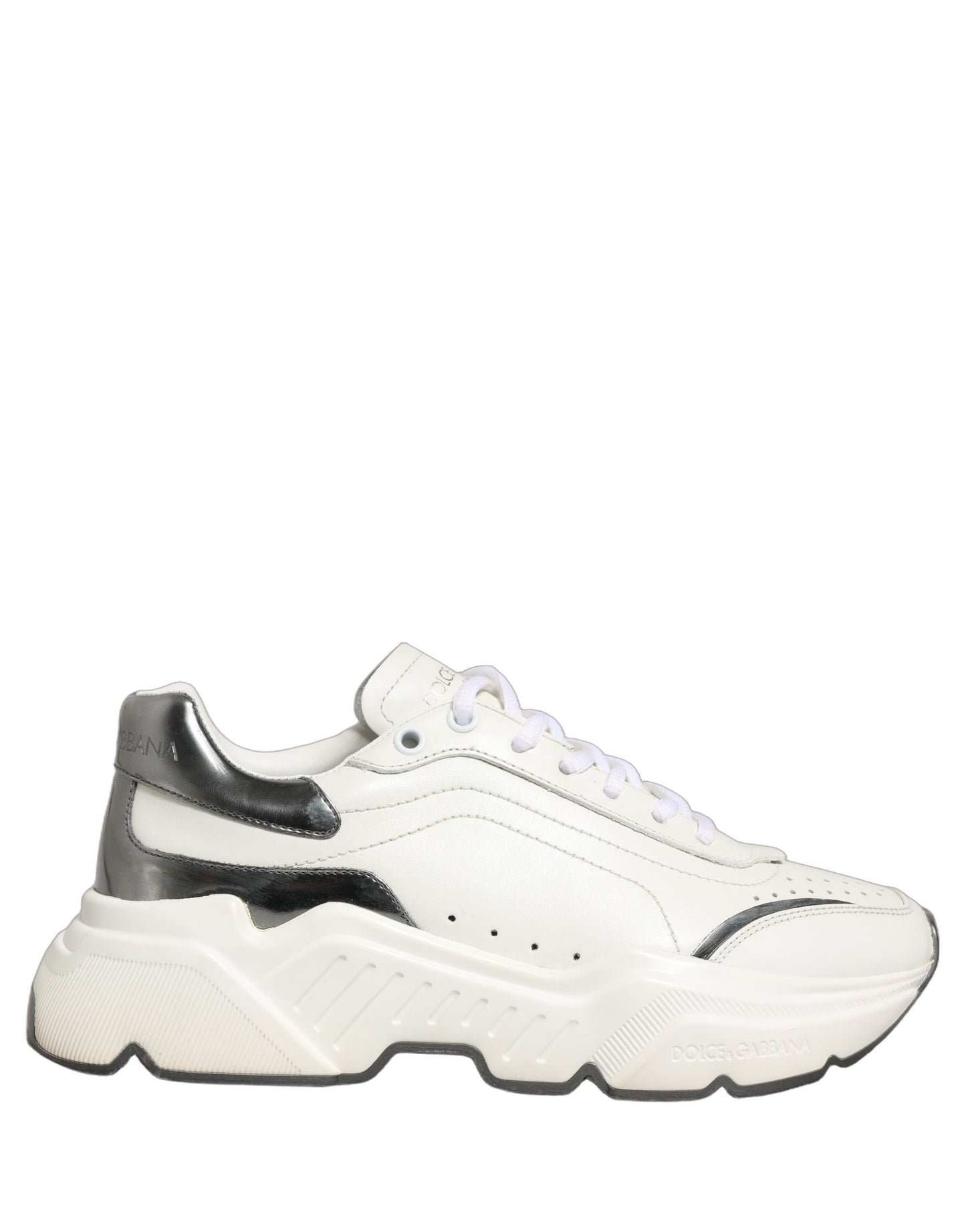 Dolce & Gabbana White Silver Daymaster Leather Low Top Sneakers Shoes