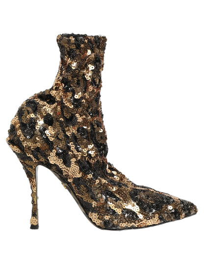 Dolce & Gabbana Gold Leopard Sequin Sock Ankle Boots Shoes