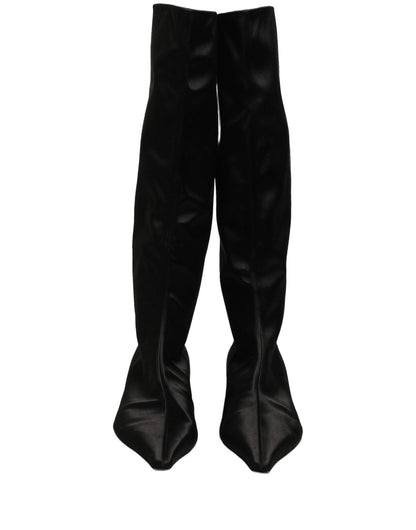 Dolce & Gabbana Black Satin Knee High Kitten Boots Shoes