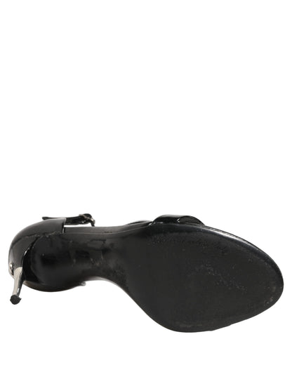 Dolce & Gabbana Black Leather T-strap Heels Sandals Shoes