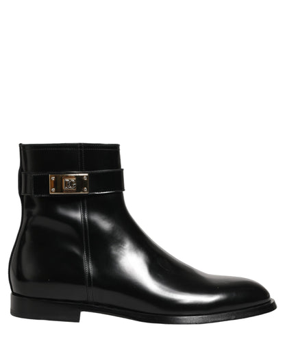 Dolce & Gabbana Black Leather Logo Buckle Mid Calf Boots Shoes