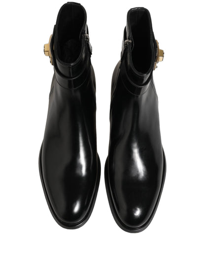 Dolce & Gabbana Black Leather Logo Buckle Mid Calf Boots Shoes