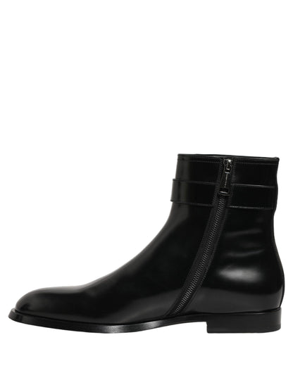 Dolce & Gabbana Black Leather Logo Buckle Mid Calf Boots Shoes