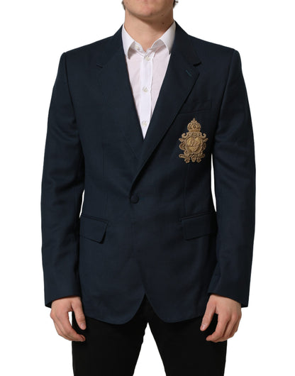 Dolce & Gabbana Blue Wool Logo Single Breasted Coat Blazer