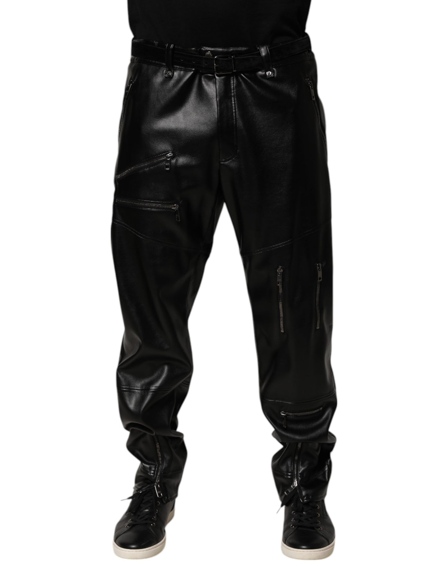 Dolce & Gabbana Black PU Leather Zipper Men Trouser Pants