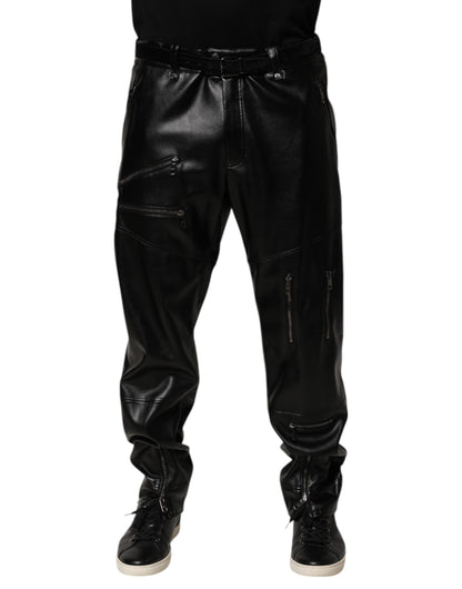 Dolce & Gabbana Black PU Leather Zipper Men Trouser Pants