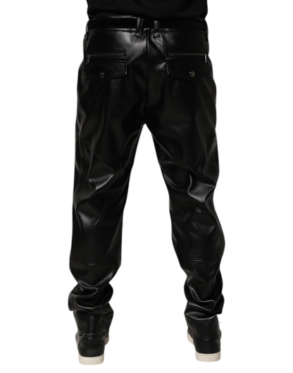 Dolce & Gabbana Black PU Leather Zipper Men Trouser Pants