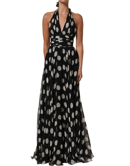 Dolce & Gabbana Black White Polka Dot Pleated Maxi Dress