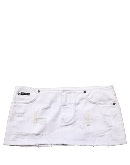 Dolce & Gabbana White Distressed Cotton Denim Mini Skirt